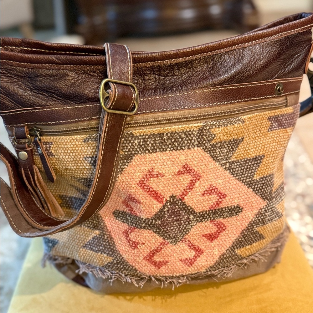 Myra Bag Brown and Tan Crossbody with Geometric Pattern